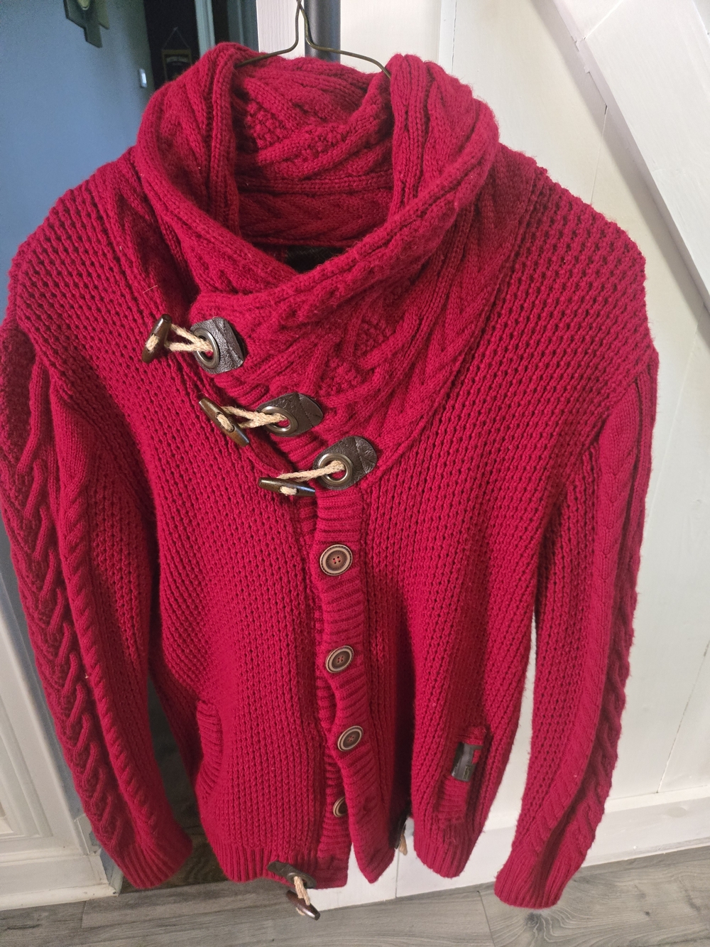 Chunky Red Cable Knit Toggle Cardigan